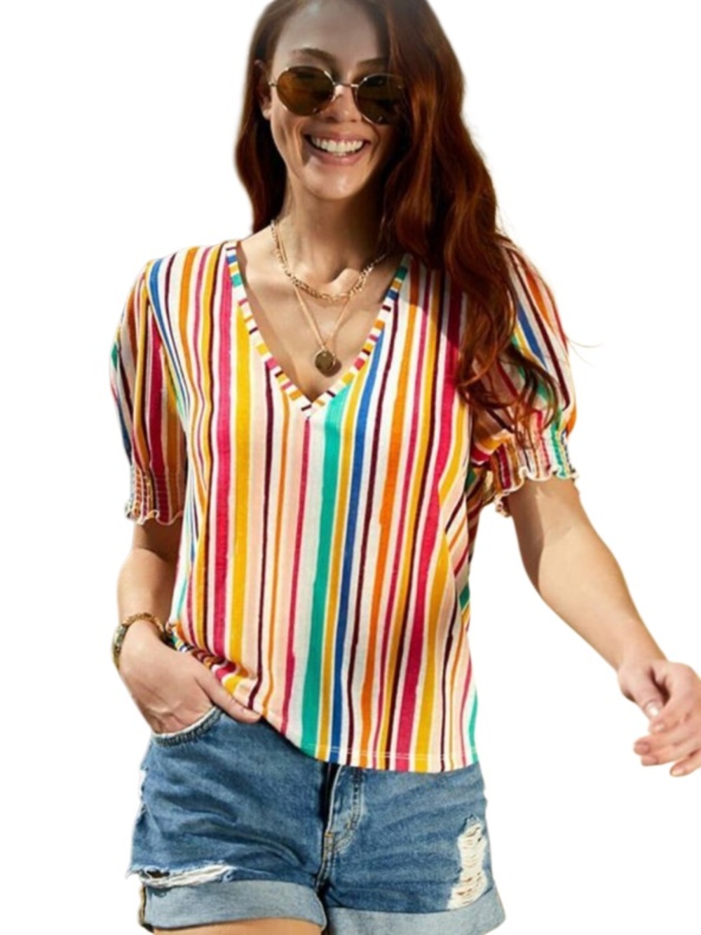 Chelsea and Theodore Striped Short Sleeve Blouse. Vibrant vertical stripes.Size